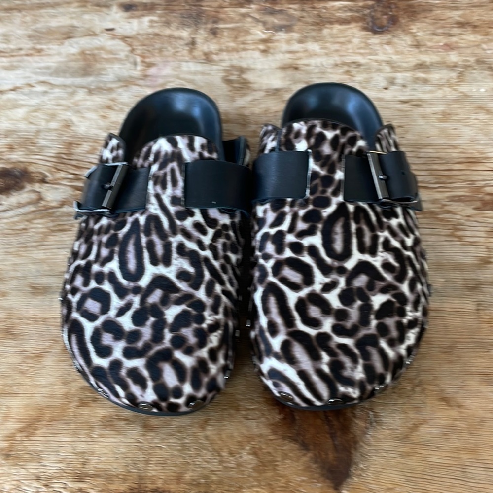 VERONICA BEARD FERN WHITE ESPRESSO MOHAIR MULES | BLACK LEATHER LINED | SZ 5